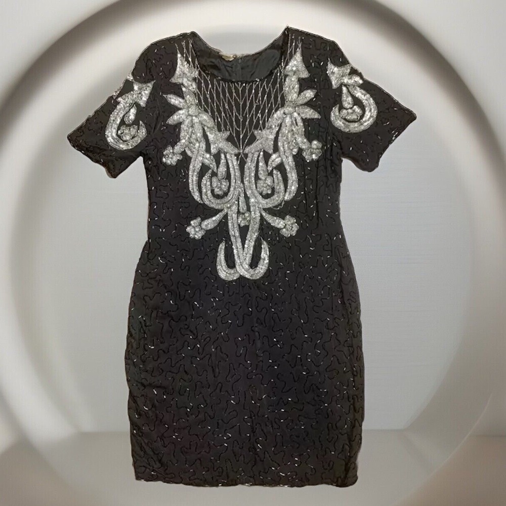 Vintage Silk Beaded Dress Women M Black Silver Sequin 80s Cocktail Art Glam LOOK